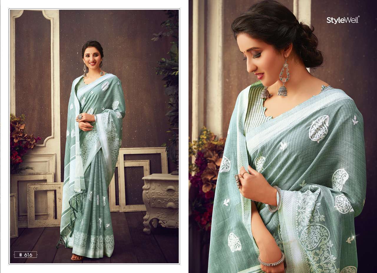 LAKHNAVI BY STYLEWELL 611 TO 616 SERIES INDIAN TRADITIONAL WEAR COLLECTION BEAUTIFUL STYLISH FANCY COLORFUL PARTY WEAR & OCCASIONAL WEAR LINEN JACQUARD EMBROIDERED SAREES AT WHOLESALE PRICE