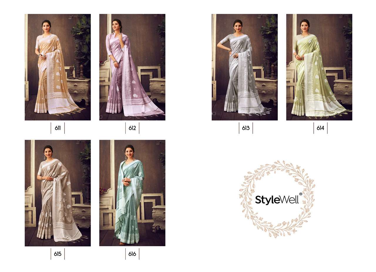 LAKHNAVI BY STYLEWELL 611 TO 616 SERIES INDIAN TRADITIONAL WEAR COLLECTION BEAUTIFUL STYLISH FANCY COLORFUL PARTY WEAR & OCCASIONAL WEAR LINEN JACQUARD EMBROIDERED SAREES AT WHOLESALE PRICE