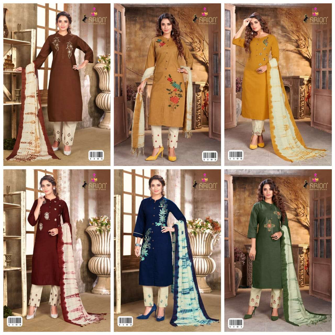 SURBHI VOL-1 BY ARION 1101 TO 1106 SERIES BEAUTIFUL STYLISH FANCY COLORFUL CASUAL WEAR & ETHNIC WEAR & READY TO WEAR LINEN COTTON DRESSES AT WHOLESALE PRICE