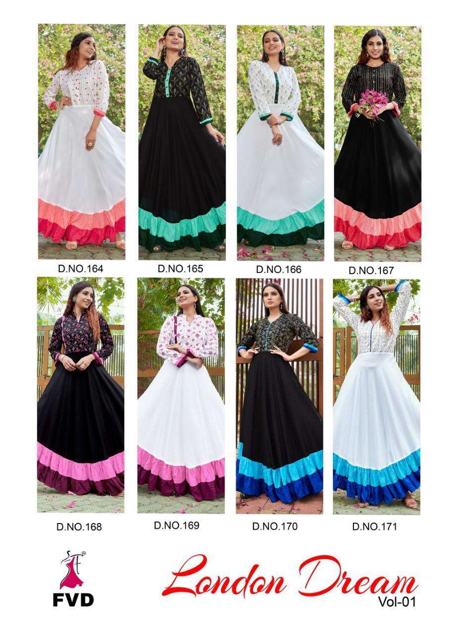 LONDON DREAMS VOL-1 BY FVD 164 TO 171 SERIES DESIGNER BEAUTIFUL STYLISH FANCY COLORFUL PARTY WEAR & OCCASIONAL WEAR RAYON FOIL PRINT GOWNS AT WHOLESALE PRICE