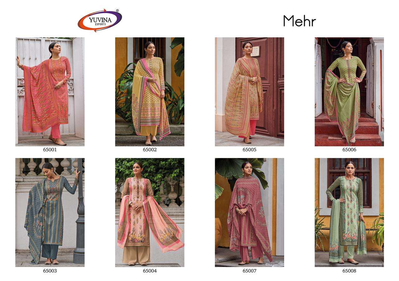 MEHR BY YUVINA EXPORTS 65001 TO 65008 SERIES BEAUTIFUL STYLISH FANCY COLORFUL CASUAL WEAR & ETHNIC WEAR PURE JAM WITH EMBROIDERY WORK DRESSES AT WHOLESALE PRICEv