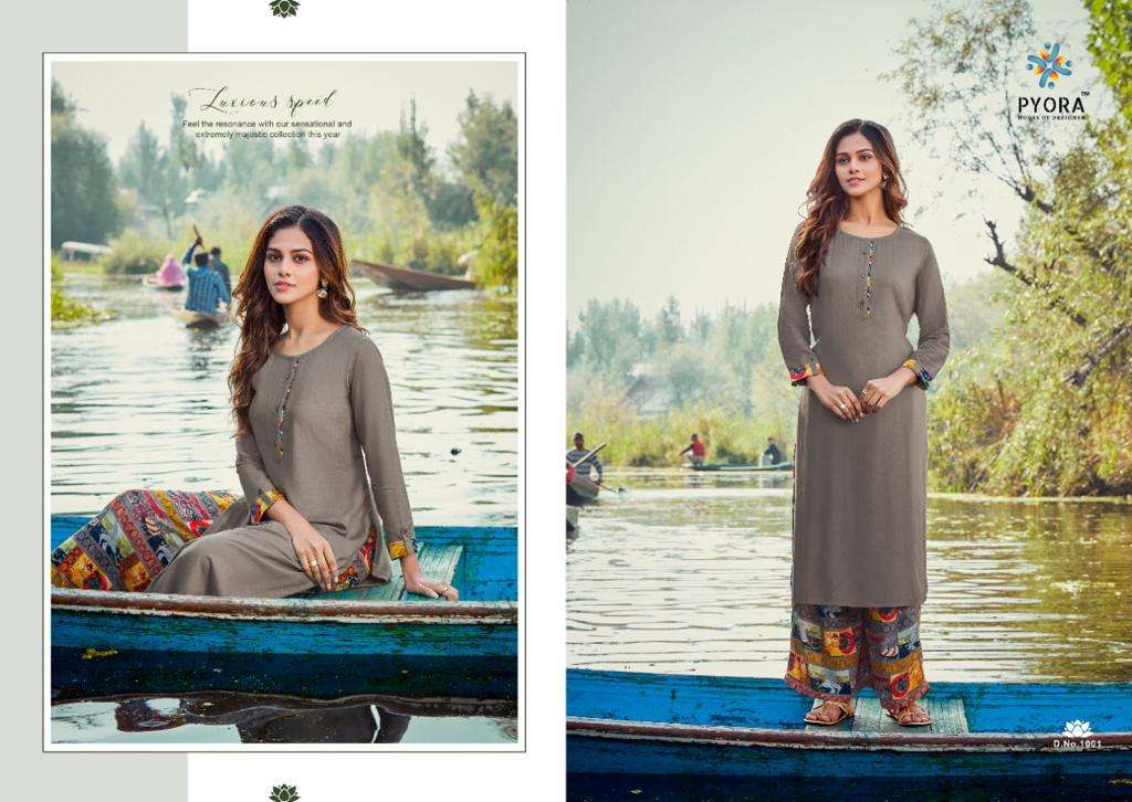 KASTURAM BY PYORA 1001 TO 1006 SERIES BEAUTIFUL STYLISH FANCY COLORFUL CASUAL WEAR & ETHNIC WEAR & READY TO WEAR PURE RAYON SLUB KURTIS WITH BOTTOM AT WHOLESALE PRICE