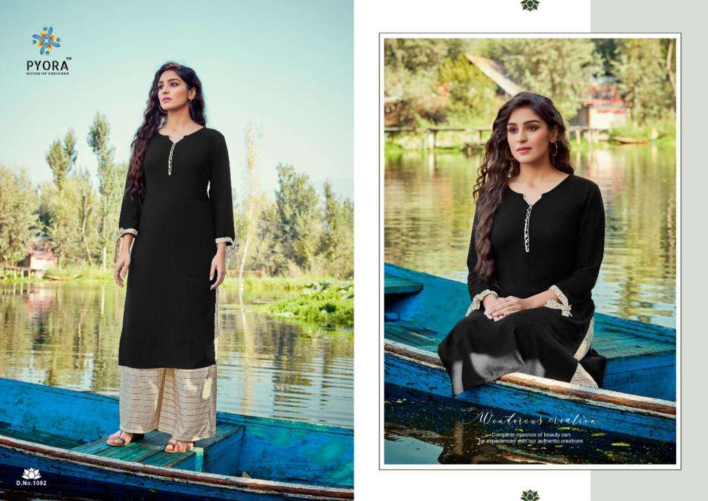 KASTURAM BY PYORA 1001 TO 1006 SERIES BEAUTIFUL STYLISH FANCY COLORFUL CASUAL WEAR & ETHNIC WEAR & READY TO WEAR PURE RAYON SLUB KURTIS WITH BOTTOM AT WHOLESALE PRICE