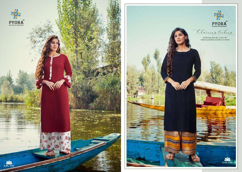 KASTURAM BY PYORA 1001 TO 1006 SERIES BEAUTIFUL STYLISH FANCY COLORFUL CASUAL WEAR & ETHNIC WEAR & READY TO WEAR PURE RAYON SLUB KURTIS WITH BOTTOM AT WHOLESALE PRICE