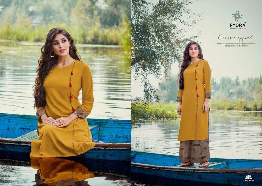 KASTURAM BY PYORA 1001 TO 1006 SERIES BEAUTIFUL STYLISH FANCY COLORFUL CASUAL WEAR & ETHNIC WEAR & READY TO WEAR PURE RAYON SLUB KURTIS WITH BOTTOM AT WHOLESALE PRICE