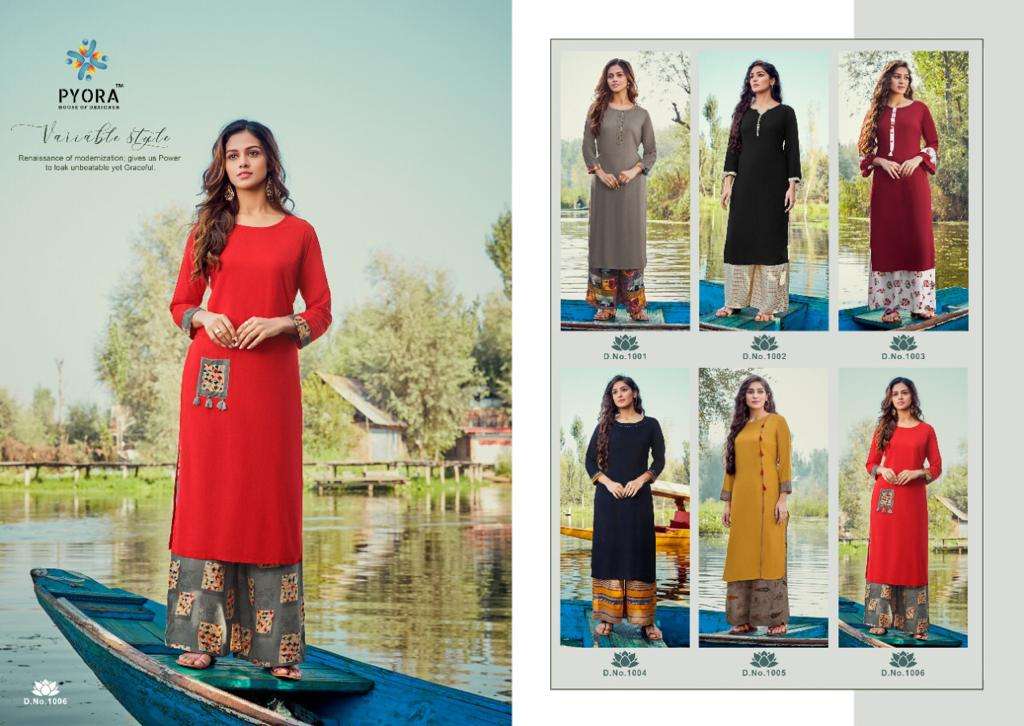 KASTURAM BY PYORA 1001 TO 1006 SERIES BEAUTIFUL STYLISH FANCY COLORFUL CASUAL WEAR & ETHNIC WEAR & READY TO WEAR PURE RAYON SLUB KURTIS WITH BOTTOM AT WHOLESALE PRICE