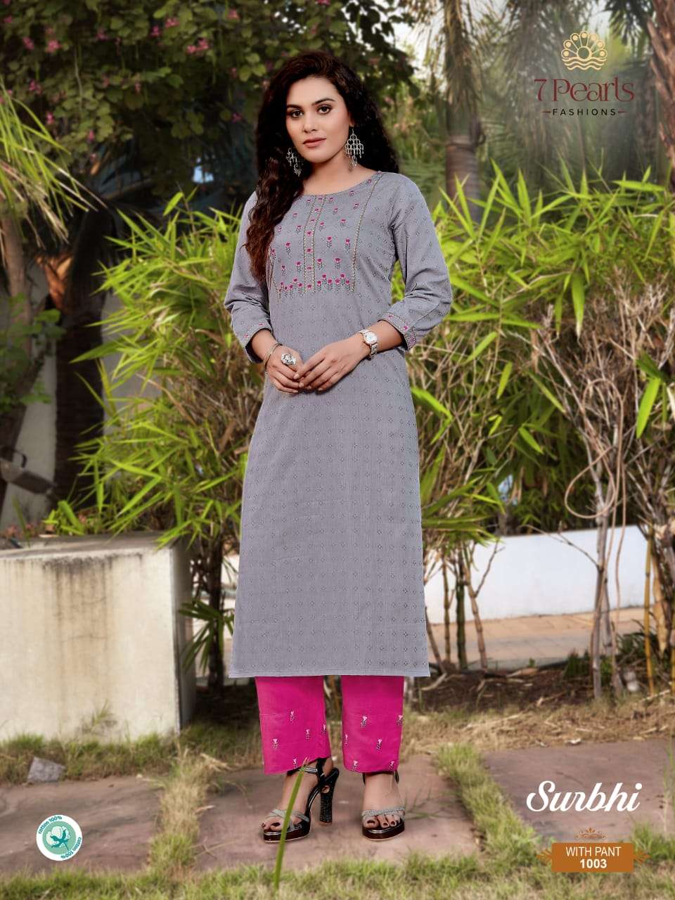 SURBHI BY 7 PEARLS 1001 TO 1004 SERIES BEAUTIFUL STYLISH FANCY COLORFUL CASUAL WEAR & ETHNIC WEAR & READY TO WEAR HEAVY PURE COTTTON EMBROIDERED KURTIS WITH BOTTOM AT WHOLESALE PRICE