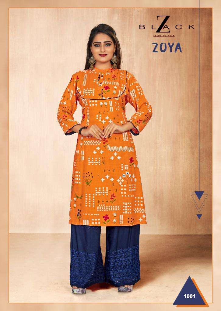 ZOYA BY Z BLACK 1001 TO 1008 SERIES BEAUTIFUL STYLISH FANCY COLORFUL CASUAL WEAR & ETHNIC WEAR & READY TO WEAR RAYON PRINT KURTIS WITH BOTTOM AT WHOLESALE PRICE