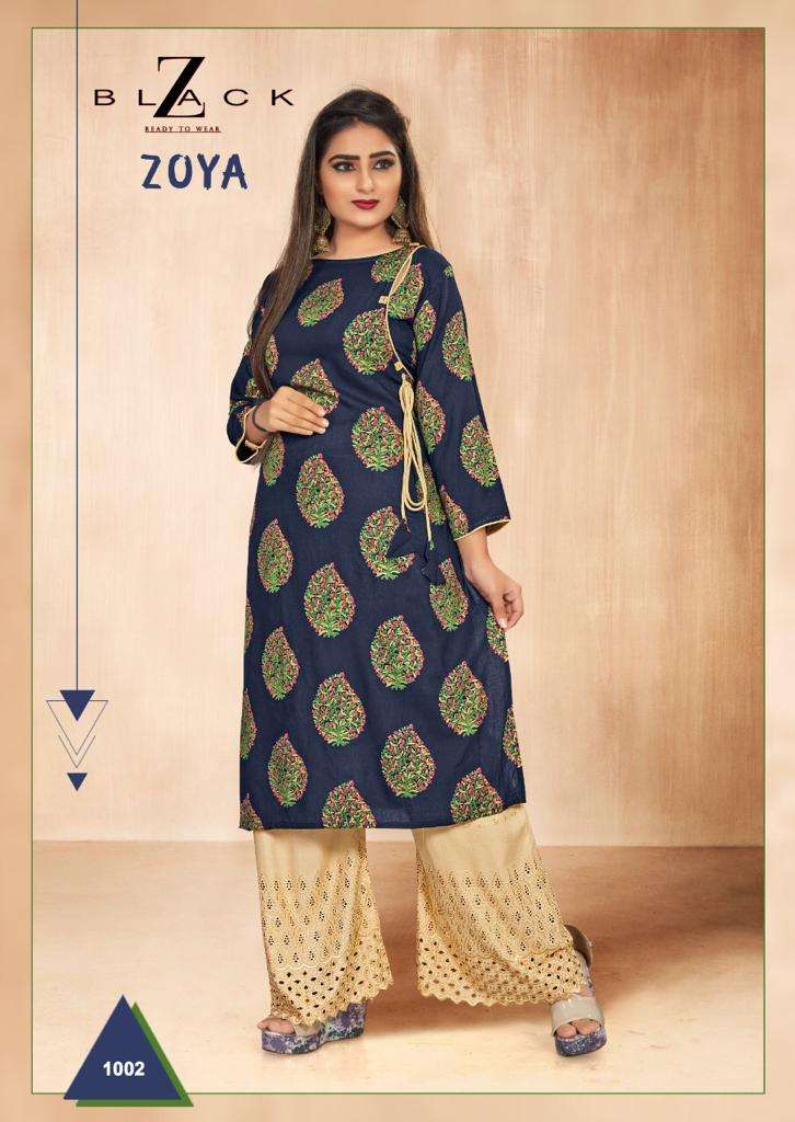 ZOYA BY Z BLACK 1001 TO 1008 SERIES BEAUTIFUL STYLISH FANCY COLORFUL CASUAL WEAR & ETHNIC WEAR & READY TO WEAR RAYON PRINT KURTIS WITH BOTTOM AT WHOLESALE PRICE