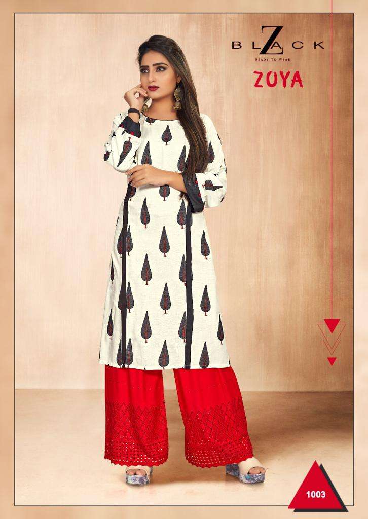 ZOYA BY Z BLACK 1001 TO 1008 SERIES BEAUTIFUL STYLISH FANCY COLORFUL CASUAL WEAR & ETHNIC WEAR & READY TO WEAR RAYON PRINT KURTIS WITH BOTTOM AT WHOLESALE PRICE