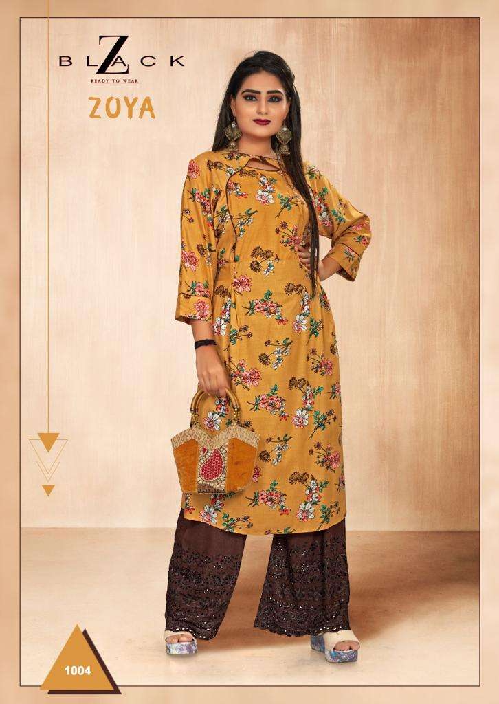 ZOYA BY Z BLACK 1001 TO 1008 SERIES BEAUTIFUL STYLISH FANCY COLORFUL CASUAL WEAR & ETHNIC WEAR & READY TO WEAR RAYON PRINT KURTIS WITH BOTTOM AT WHOLESALE PRICE