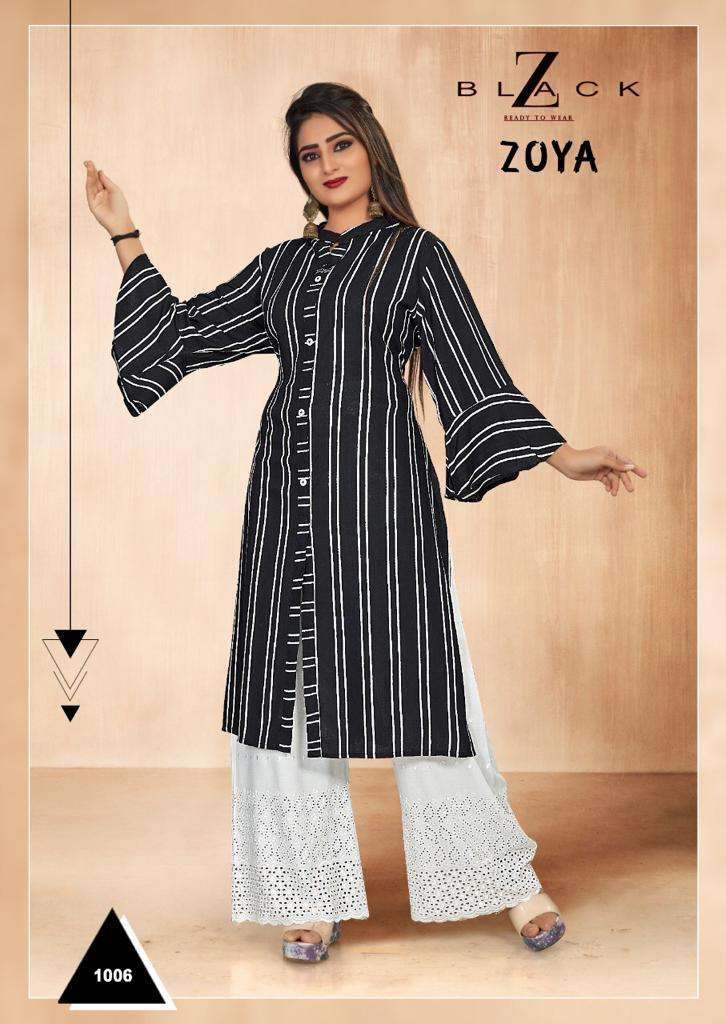 ZOYA BY Z BLACK 1001 TO 1008 SERIES BEAUTIFUL STYLISH FANCY COLORFUL CASUAL WEAR & ETHNIC WEAR & READY TO WEAR RAYON PRINT KURTIS WITH BOTTOM AT WHOLESALE PRICE