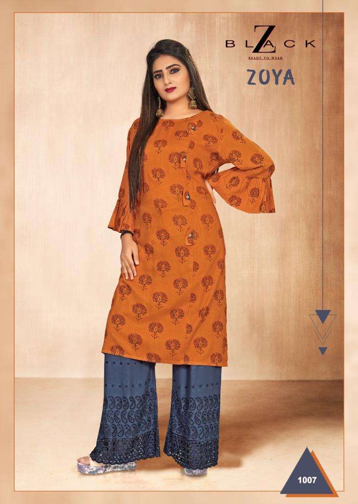 ZOYA BY Z BLACK 1001 TO 1008 SERIES BEAUTIFUL STYLISH FANCY COLORFUL CASUAL WEAR & ETHNIC WEAR & READY TO WEAR RAYON PRINT KURTIS WITH BOTTOM AT WHOLESALE PRICE