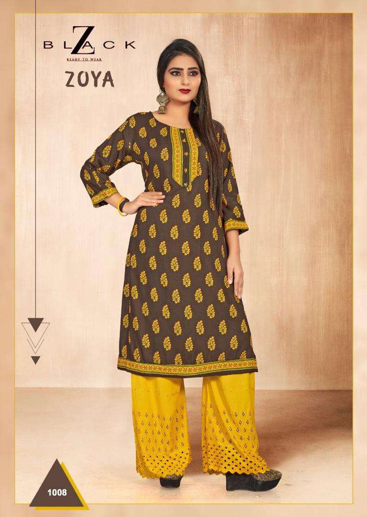 ZOYA BY Z BLACK 1001 TO 1008 SERIES BEAUTIFUL STYLISH FANCY COLORFUL CASUAL WEAR & ETHNIC WEAR & READY TO WEAR RAYON PRINT KURTIS WITH BOTTOM AT WHOLESALE PRICE