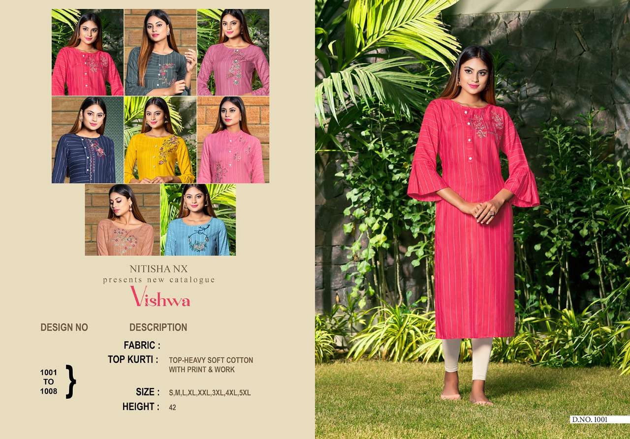 VISHWA BY NITISHA NX 1001 TO 1008 SERIES BEAUTIFUL SUITS COLORFUL STYLISH FANCY CASUAL WEAR & ETHNIC WEAR SOFT COTTON SLUB PRINT WITH EMBROIDERY KURTIS AT WHOLESALE PRICE