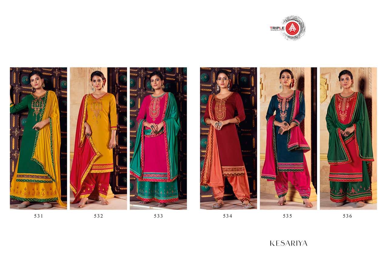 KESARIYA BY TRIPLE AAA 531 TO 535 SERIES DESIGNER WEDDING COLLECTION BEAUTIFUL STYLISH FANCY COLORFUL PARTY WEAR & OCCASIONAL WEAR JAM SILK WITH EMBROIDERED DRESSES AT WHOLESALE PRICE