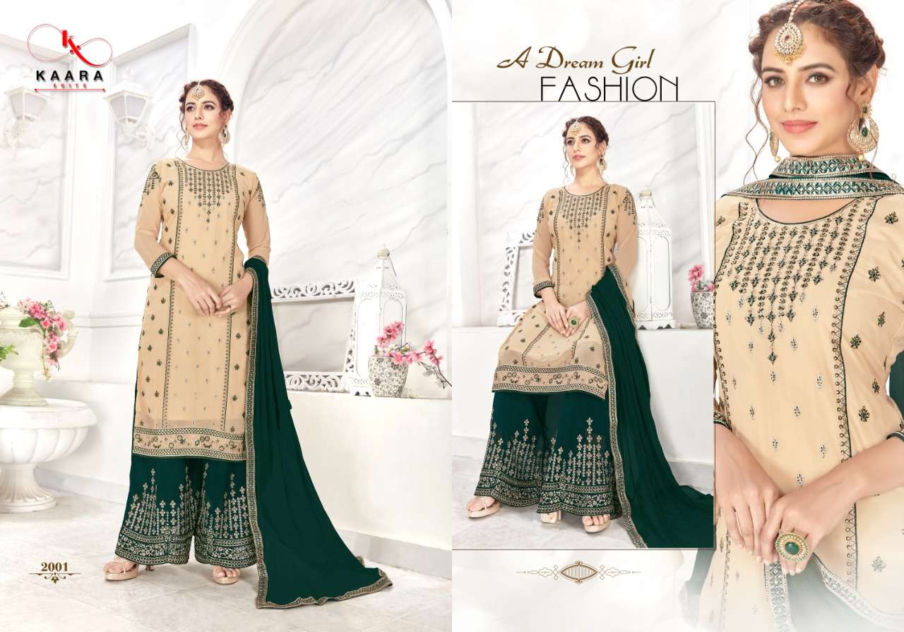 SIMRAN BY KAARA SUITS 2001 TO 2004 SERIES DESIGNER WEDDING COLLECTION BEAUTIFUL STYLISH FANCY COLORFUL PARTY WEAR & OCCASIONAL WEAR FAUX GEORGETTE EMBROIDERED DRESSES AT WHOLESALE PRICE