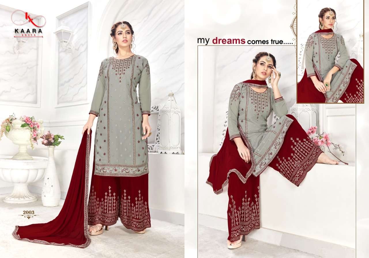 SIMRAN BY KAARA SUITS 2001 TO 2004 SERIES DESIGNER WEDDING COLLECTION BEAUTIFUL STYLISH FANCY COLORFUL PARTY WEAR & OCCASIONAL WEAR FAUX GEORGETTE EMBROIDERED DRESSES AT WHOLESALE PRICE