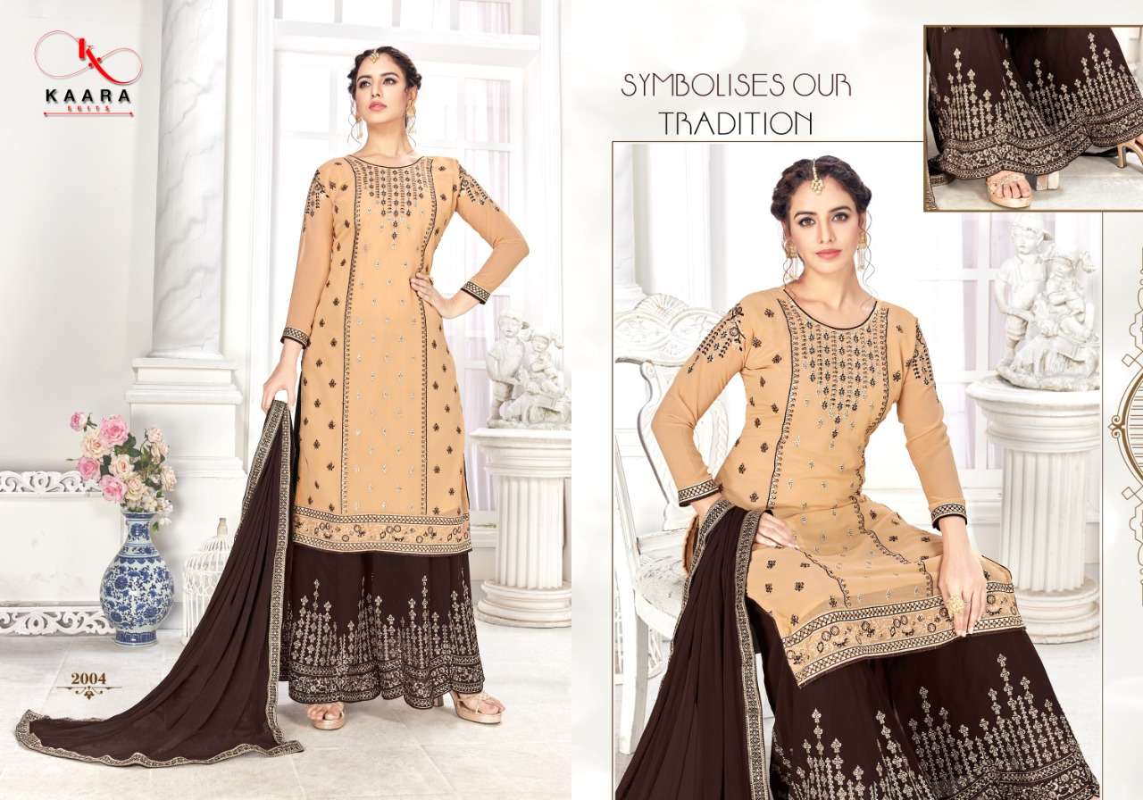 SIMRAN BY KAARA SUITS 2001 TO 2004 SERIES DESIGNER WEDDING COLLECTION BEAUTIFUL STYLISH FANCY COLORFUL PARTY WEAR & OCCASIONAL WEAR FAUX GEORGETTE EMBROIDERED DRESSES AT WHOLESALE PRICE