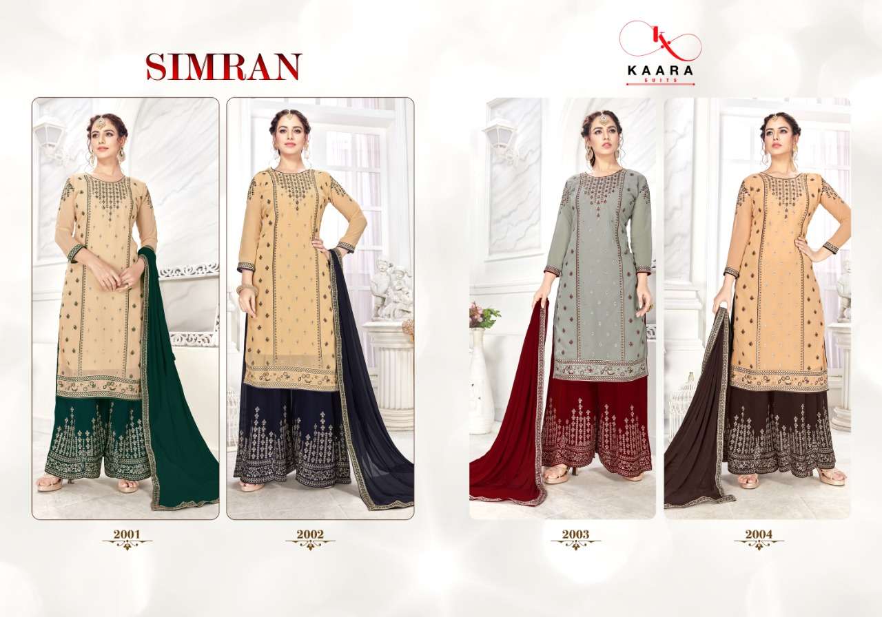 SIMRAN BY KAARA SUITS 2001 TO 2004 SERIES DESIGNER WEDDING COLLECTION BEAUTIFUL STYLISH FANCY COLORFUL PARTY WEAR & OCCASIONAL WEAR FAUX GEORGETTE EMBROIDERED DRESSES AT WHOLESALE PRICE