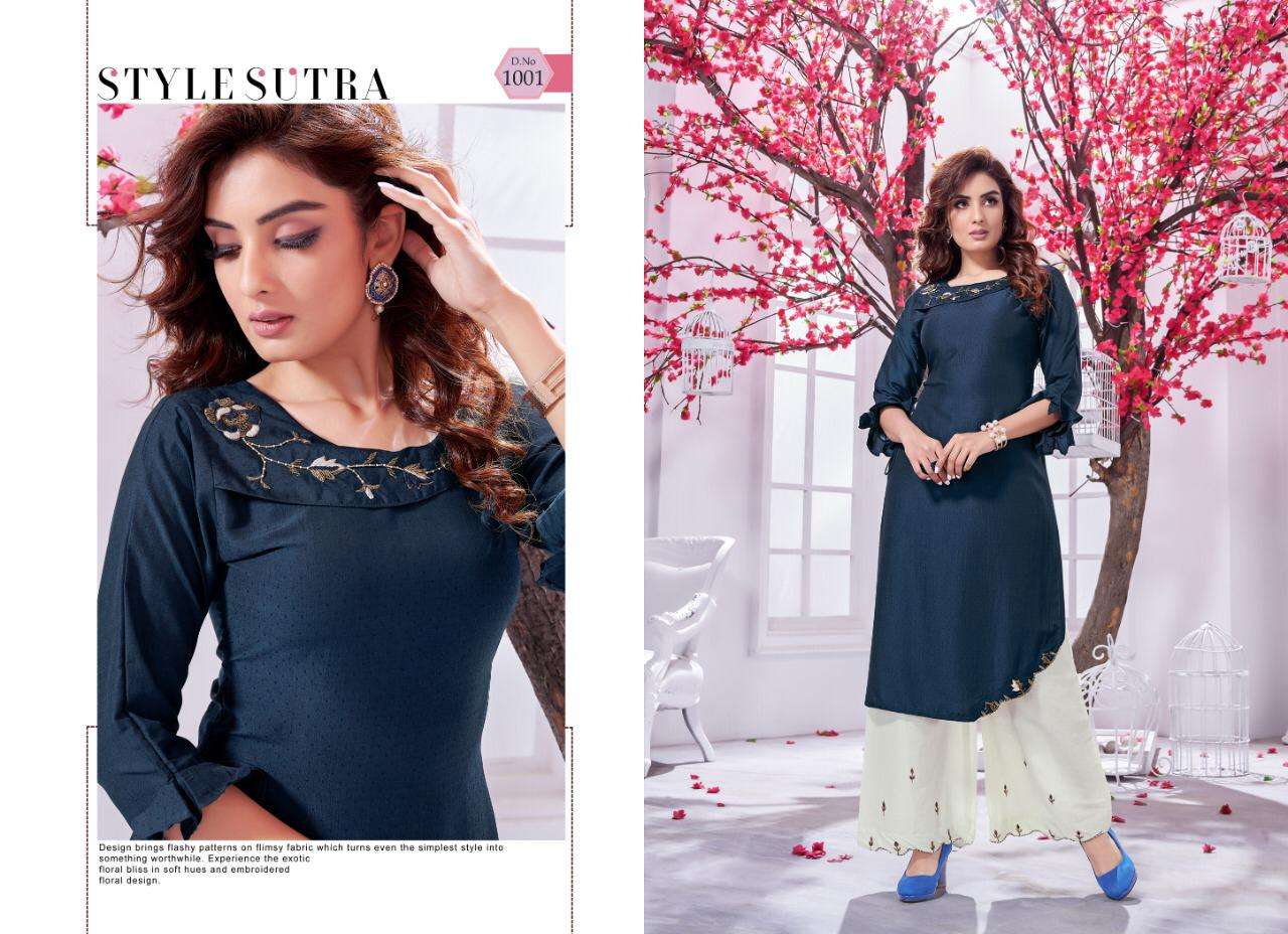INNAYA VOL-2 BY SELESTA 1001 TO 1005 SERIES BEAUTIFUL STYLISH FANCY COLORFUL CASUAL WEAR & ETHNIC WEAR CHINNON SILK HANDWORK KURTIS WITH BOTTOM AT WHOLESALE PRICE