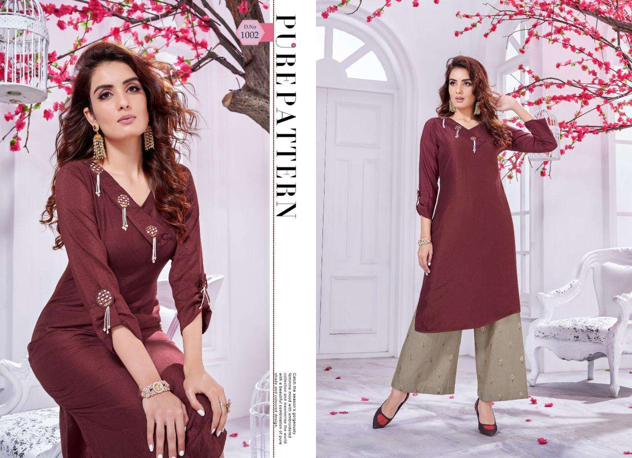 INNAYA VOL-2 BY SELESTA 1001 TO 1005 SERIES BEAUTIFUL STYLISH FANCY COLORFUL CASUAL WEAR & ETHNIC WEAR CHINNON SILK HANDWORK KURTIS WITH BOTTOM AT WHOLESALE PRICE