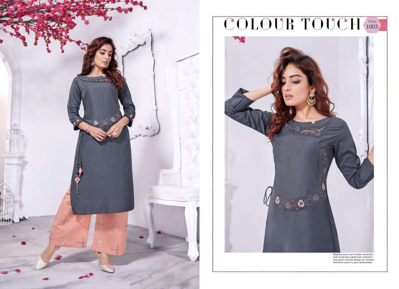 INNAYA VOL-2 BY SELESTA 1001 TO 1005 SERIES BEAUTIFUL STYLISH FANCY COLORFUL CASUAL WEAR & ETHNIC WEAR CHINNON SILK HANDWORK KURTIS WITH BOTTOM AT WHOLESALE PRICE