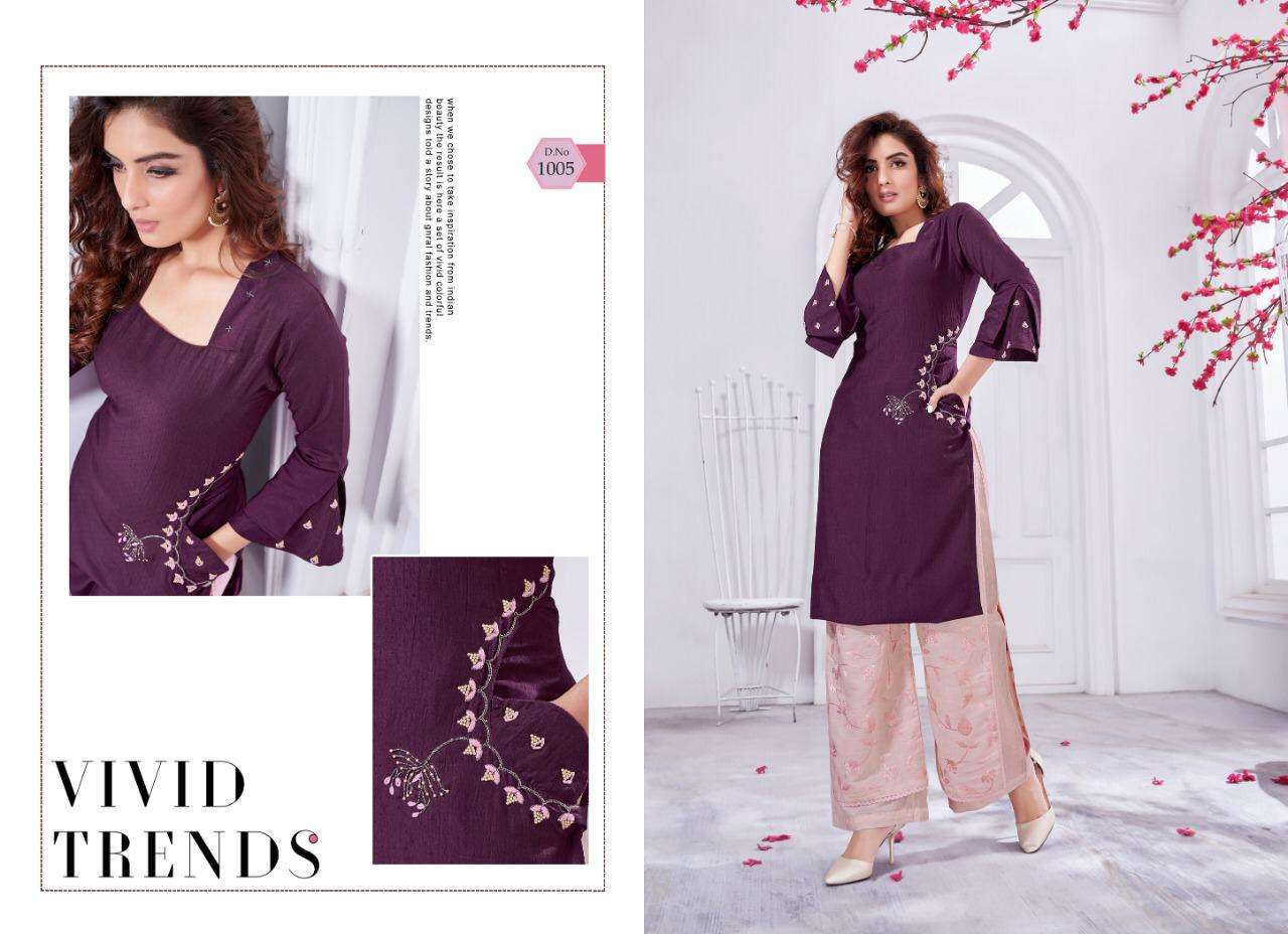 INNAYA VOL-2 BY SELESTA 1001 TO 1005 SERIES BEAUTIFUL STYLISH FANCY COLORFUL CASUAL WEAR & ETHNIC WEAR CHINNON SILK HANDWORK KURTIS WITH BOTTOM AT WHOLESALE PRICE