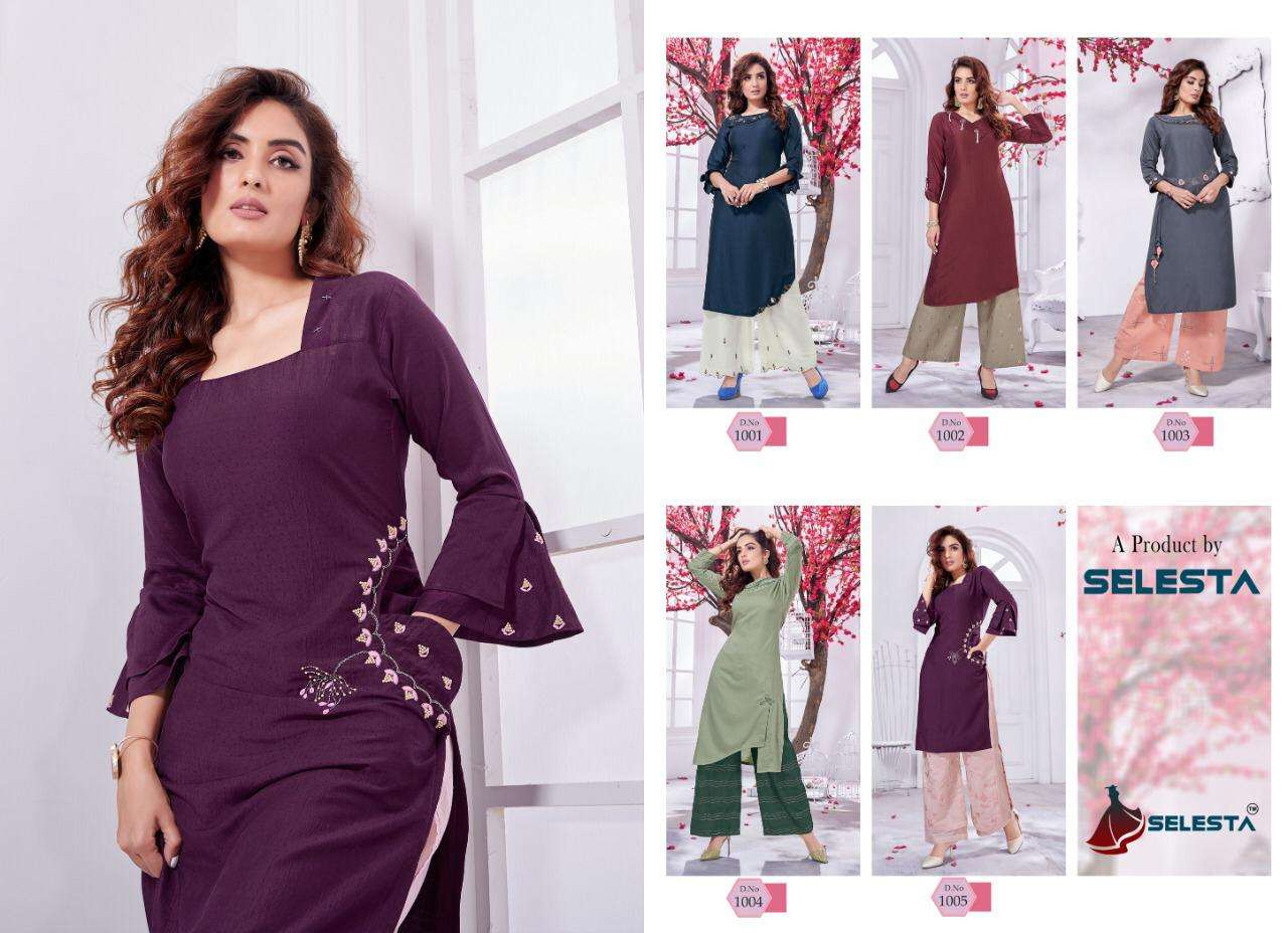 INNAYA VOL-2 BY SELESTA 1001 TO 1005 SERIES BEAUTIFUL STYLISH FANCY COLORFUL CASUAL WEAR & ETHNIC WEAR CHINNON SILK HANDWORK KURTIS WITH BOTTOM AT WHOLESALE PRICE
