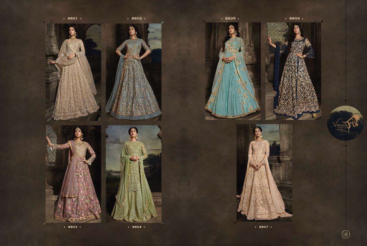 MOH BY VOUCHE 8801 TO 8807 SERIES BEAUTIFUL STYLISH FANCY COLORFUL CASUAL WEAR & ETHNIC WEAR & READY TO WEAR NET EMBROIDERED DRESSES AT WHOLESALE PRICE