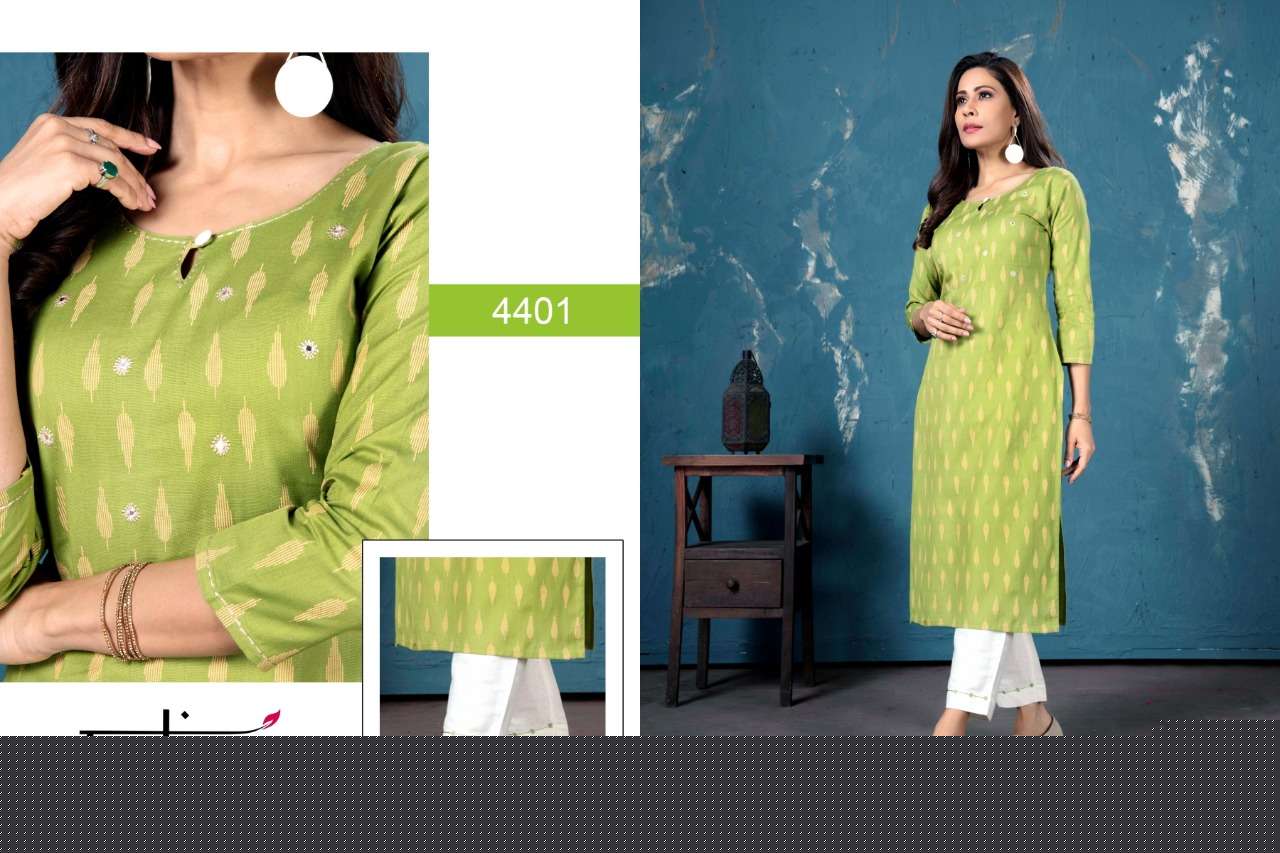 BASANT BY INDIRA 4401 TO 4404 SERIES BEAUTIFUL STYLISH FANCY COLORFUL CASUAL WEAR & ETHNIC WEAR PURE COTTON LINEN KURTIS WITH BOTTOM AT WHOLESALE PRICE