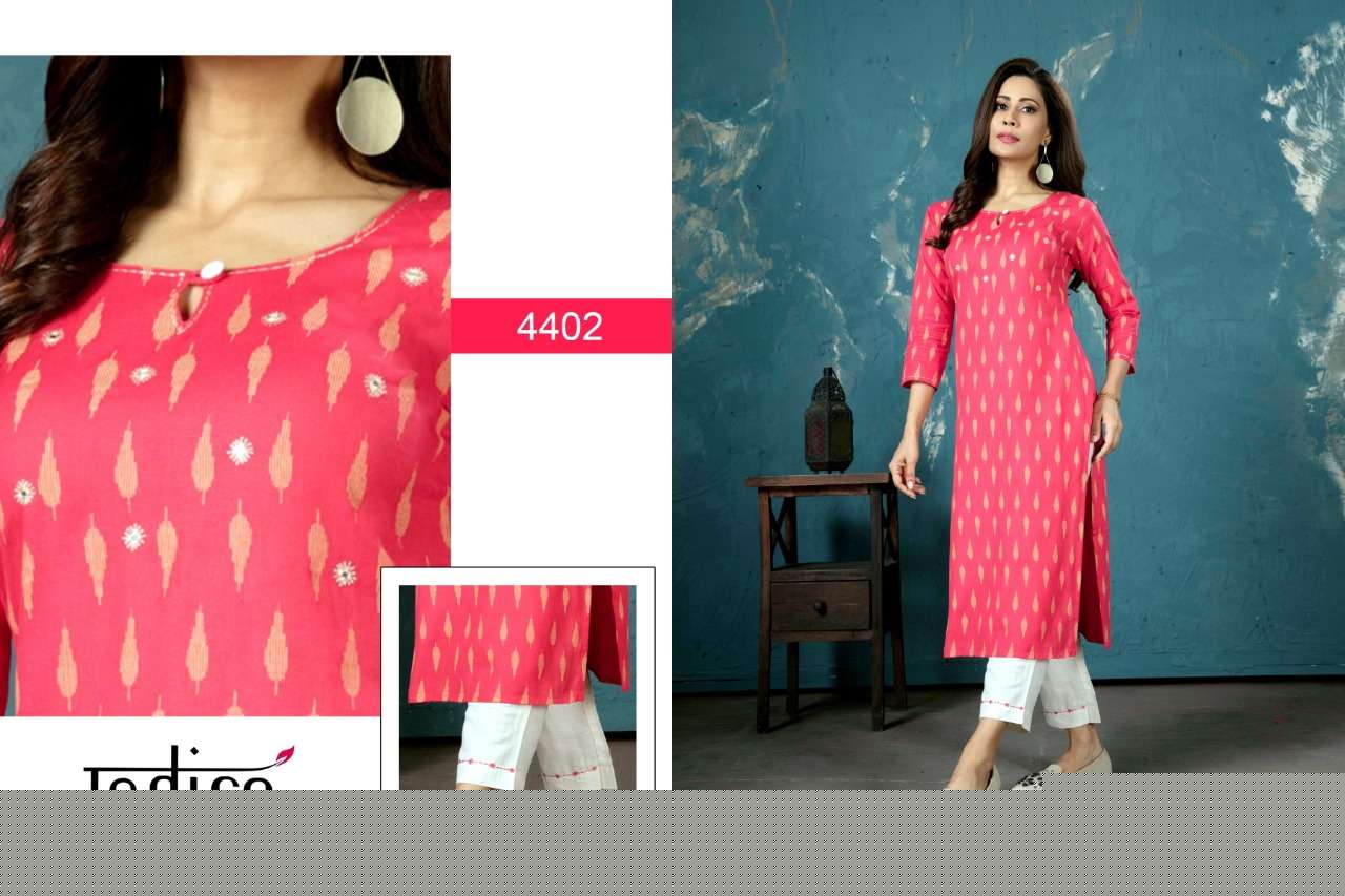 BASANT BY INDIRA 4401 TO 4404 SERIES BEAUTIFUL STYLISH FANCY COLORFUL CASUAL WEAR & ETHNIC WEAR PURE COTTON LINEN KURTIS WITH BOTTOM AT WHOLESALE PRICE