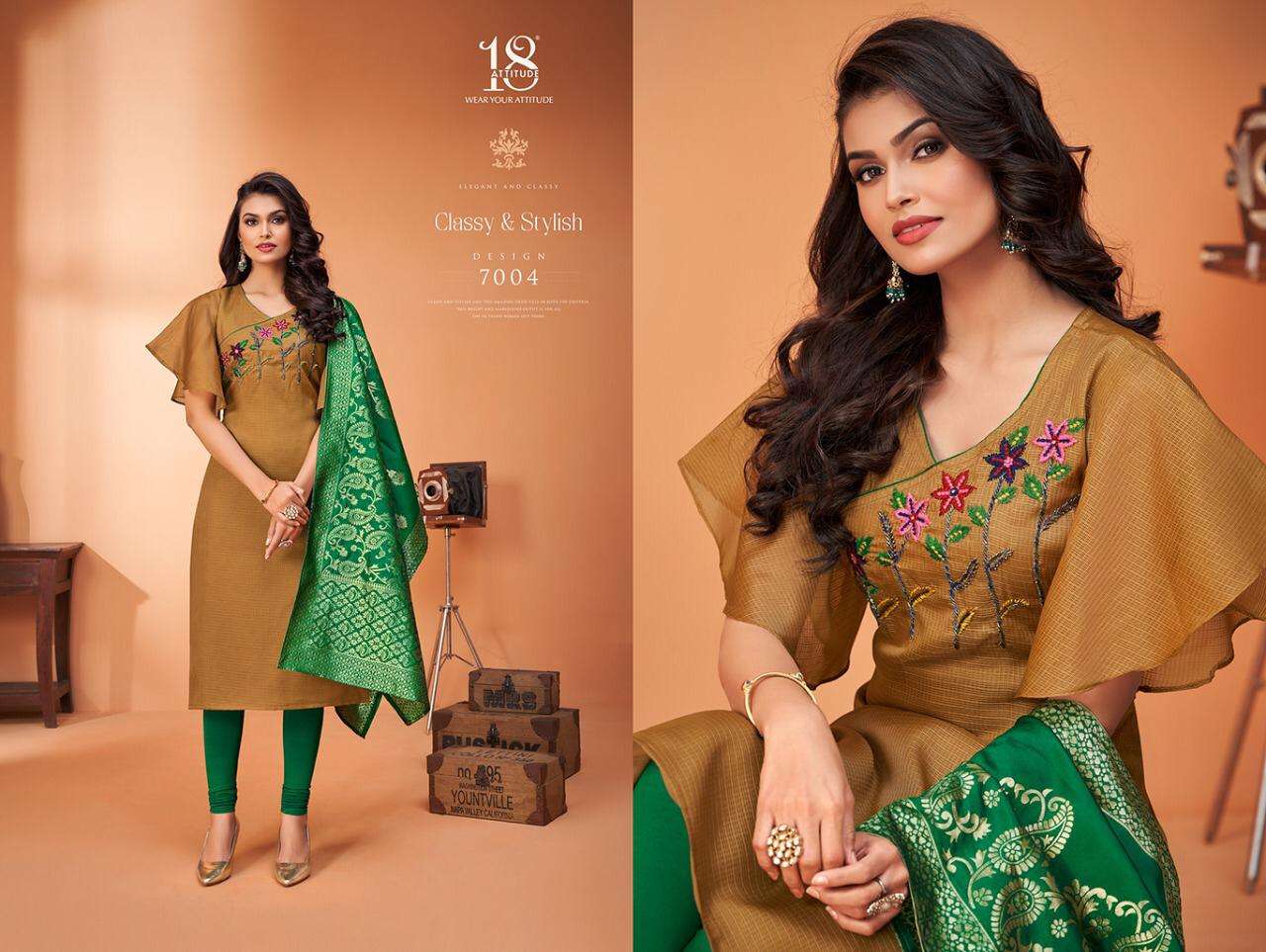 ODHNI VOL-4 BY 18 ATTITUDE 7001 TO 7007 SERIES STYLISH FANCY COLORFUL COLLECTION CASUAL WEAR & ETHNIC WEAR REMI CHECKS KURTIS WITH DUPATTA AT WHOLESALE PRICE