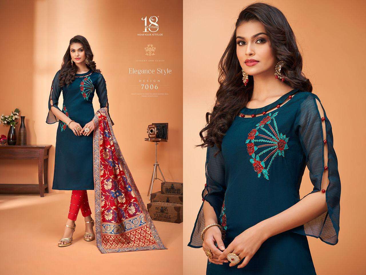 ODHNI VOL-4 BY 18 ATTITUDE 7001 TO 7007 SERIES STYLISH FANCY COLORFUL COLLECTION CASUAL WEAR & ETHNIC WEAR REMI CHECKS KURTIS WITH DUPATTA AT WHOLESALE PRICE