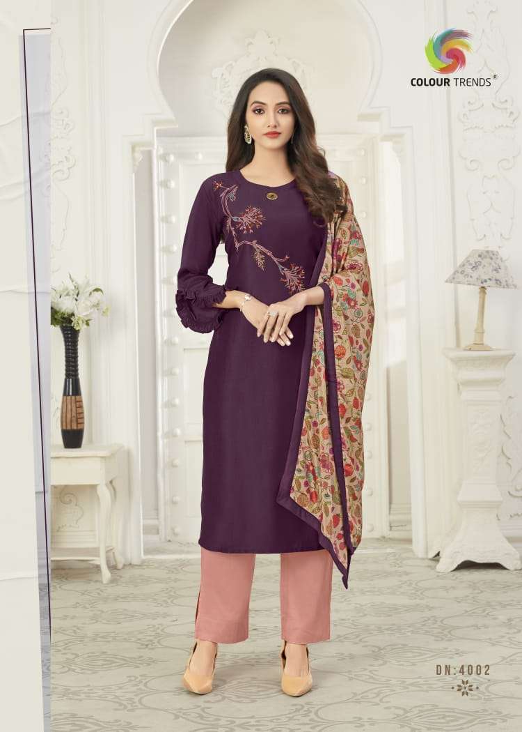 BANDHAN VOL-4 BY COLOUR TRENDS 4001 TO 4006 SERIES STYLISH FANCY COLORFUL COLLECTION CASUAL WEAR & ETHNIC WEAR MUSLIN KURTIS WITH DUPATTA AT WHOLESALE PRICE
