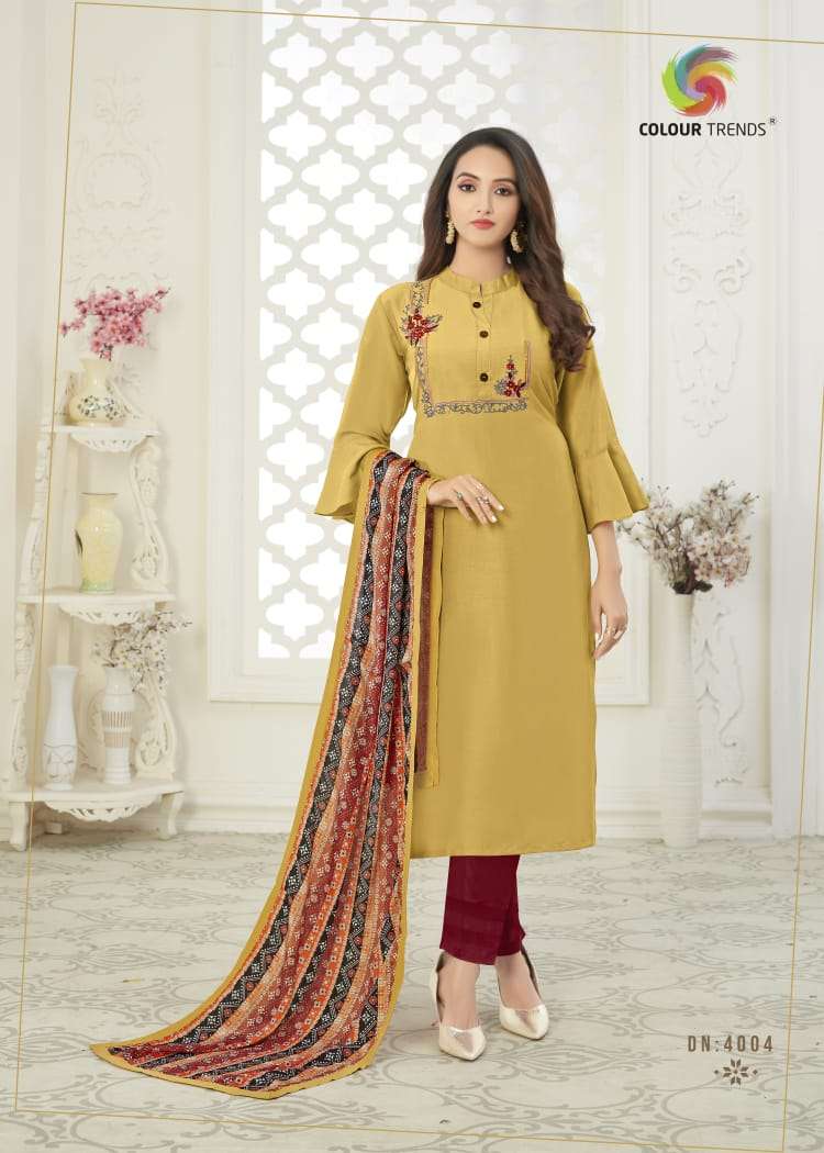 BANDHAN VOL-4 BY COLOUR TRENDS 4001 TO 4006 SERIES STYLISH FANCY COLORFUL COLLECTION CASUAL WEAR & ETHNIC WEAR MUSLIN KURTIS WITH DUPATTA AT WHOLESALE PRICE