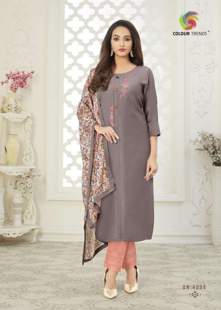 BANDHAN VOL-4 BY COLOUR TRENDS 4001 TO 4006 SERIES STYLISH FANCY COLORFUL COLLECTION CASUAL WEAR & ETHNIC WEAR MUSLIN KURTIS WITH DUPATTA AT WHOLESALE PRICE