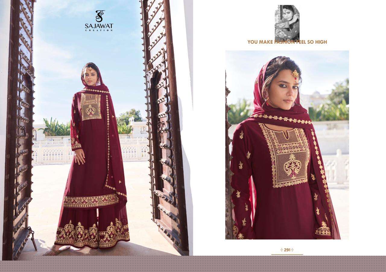 RAJANI VOL-2 BY SAJAWAT CREATION 291 TO 295 SERIES BEAUTIFUL STYLISH SHARARA SUITS FANCY COLORFUL CASUAL WEAR & ETHNIC WEAR & READY TO WEAR HEAVY FAUX GEORGETTE WITH EMBROIDERED DRESSES AT WHOLESALE PRICE