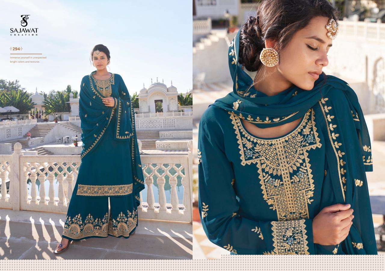 RAJANI VOL-2 BY SAJAWAT CREATION 291 TO 295 SERIES BEAUTIFUL STYLISH SHARARA SUITS FANCY COLORFUL CASUAL WEAR & ETHNIC WEAR & READY TO WEAR HEAVY FAUX GEORGETTE WITH EMBROIDERED DRESSES AT WHOLESALE PRICE