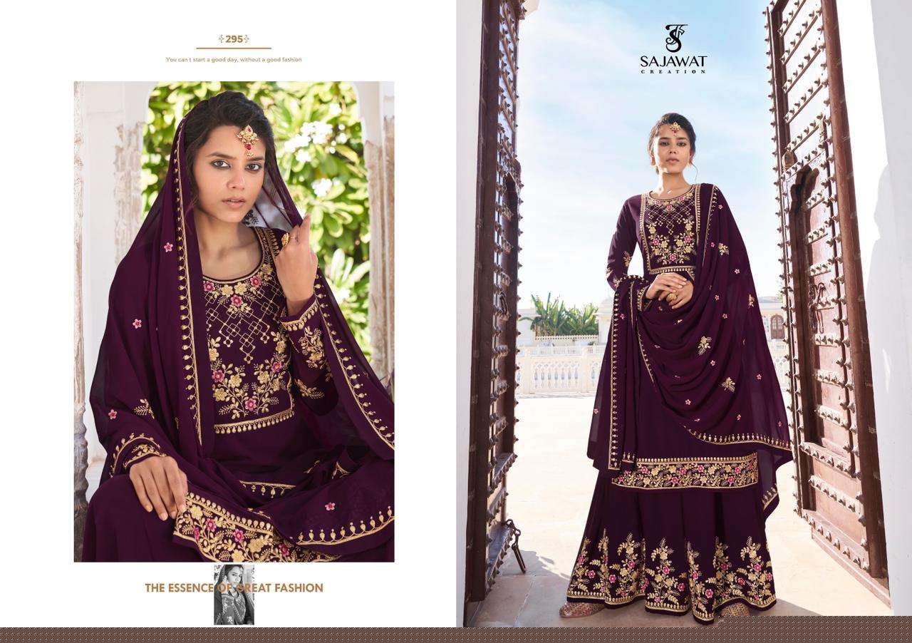 RAJANI VOL-2 BY SAJAWAT CREATION 291 TO 295 SERIES BEAUTIFUL STYLISH SHARARA SUITS FANCY COLORFUL CASUAL WEAR & ETHNIC WEAR & READY TO WEAR HEAVY FAUX GEORGETTE WITH EMBROIDERED DRESSES AT WHOLESALE PRICE