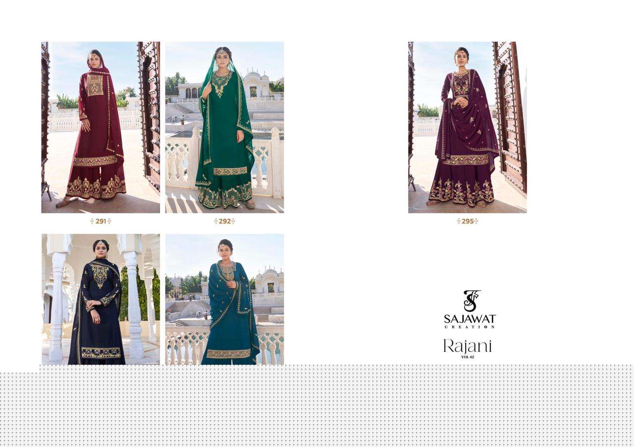 RAJANI VOL-2 BY SAJAWAT CREATION 291 TO 295 SERIES BEAUTIFUL STYLISH SHARARA SUITS FANCY COLORFUL CASUAL WEAR & ETHNIC WEAR & READY TO WEAR HEAVY FAUX GEORGETTE WITH EMBROIDERED DRESSES AT WHOLESALE PRICE