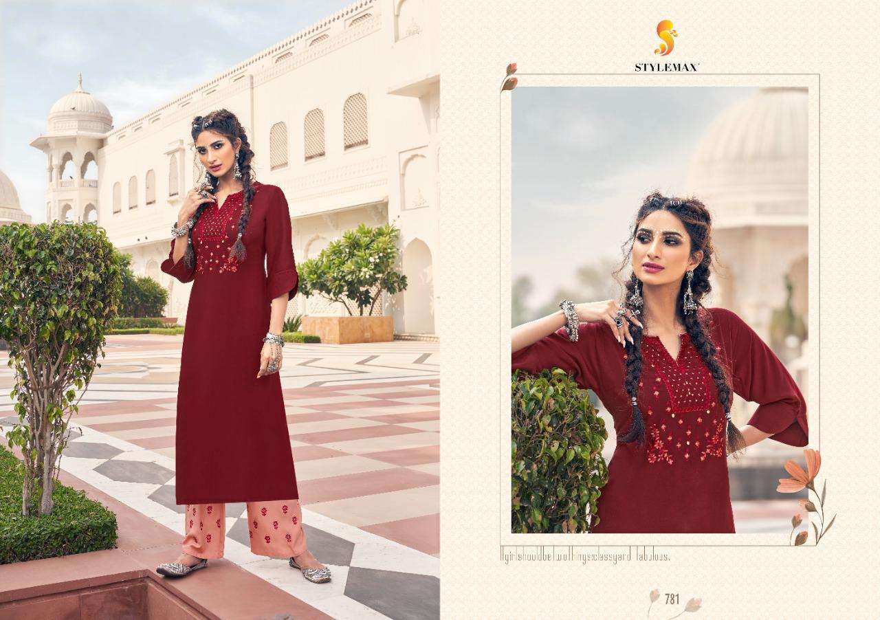 ANANYA VOL-6 BY STYLEMAX 781 TO 788 SERIES BEAUTIFUL STYLISH FANCY COLORFUL CASUAL WEAR & ETHNIC WEAR & READY TO WEAR HEAVY RAYON EMBROIDERED KURTIS WITH BOTTOM AT WHOLESALE PRICE