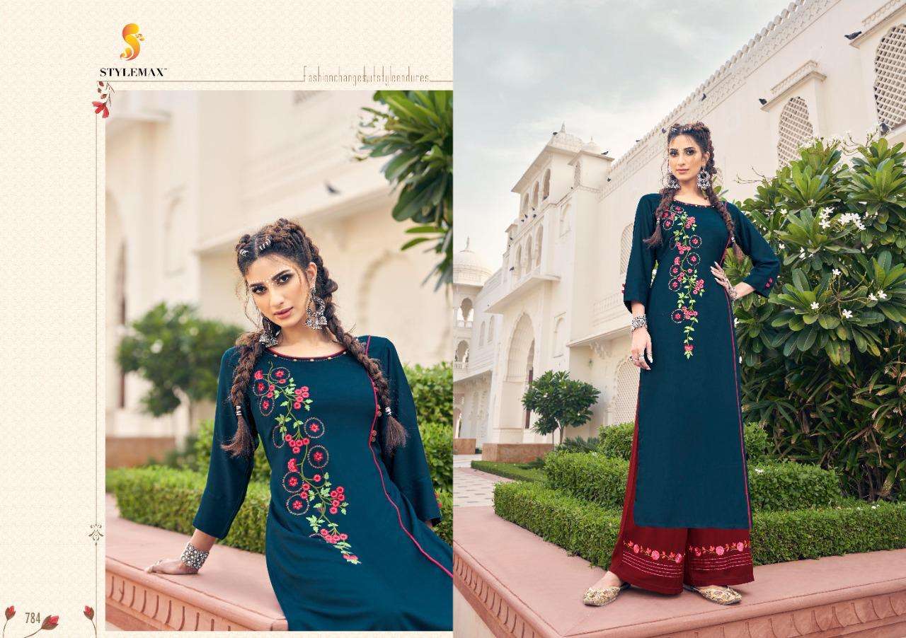 ANANYA VOL-6 BY STYLEMAX 781 TO 788 SERIES BEAUTIFUL STYLISH FANCY COLORFUL CASUAL WEAR & ETHNIC WEAR & READY TO WEAR HEAVY RAYON EMBROIDERED KURTIS WITH BOTTOM AT WHOLESALE PRICE