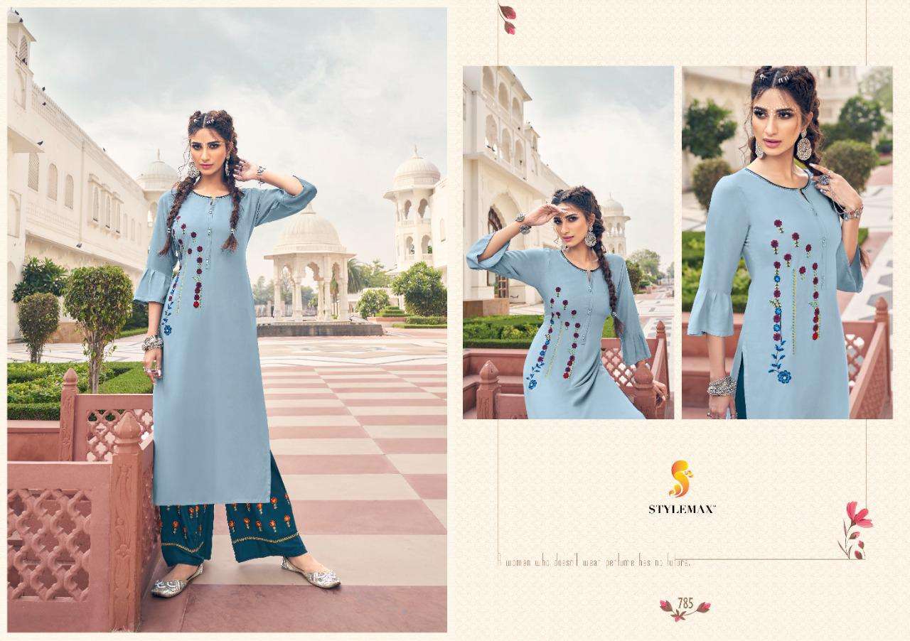 ANANYA VOL-6 BY STYLEMAX 781 TO 788 SERIES BEAUTIFUL STYLISH FANCY COLORFUL CASUAL WEAR & ETHNIC WEAR & READY TO WEAR HEAVY RAYON EMBROIDERED KURTIS WITH BOTTOM AT WHOLESALE PRICE
