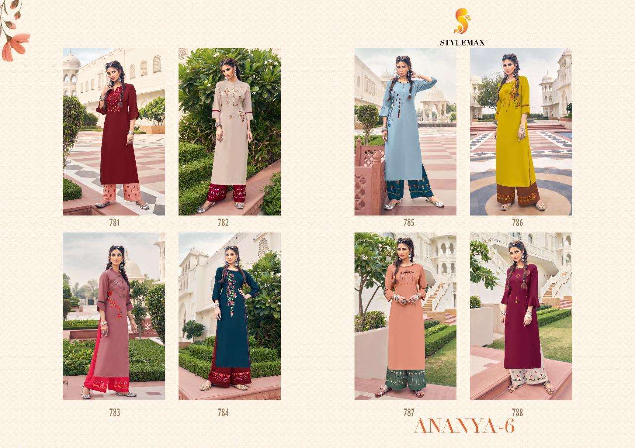 ANANYA VOL-6 BY STYLEMAX 781 TO 788 SERIES BEAUTIFUL STYLISH FANCY COLORFUL CASUAL WEAR & ETHNIC WEAR & READY TO WEAR HEAVY RAYON EMBROIDERED KURTIS WITH BOTTOM AT WHOLESALE PRICE