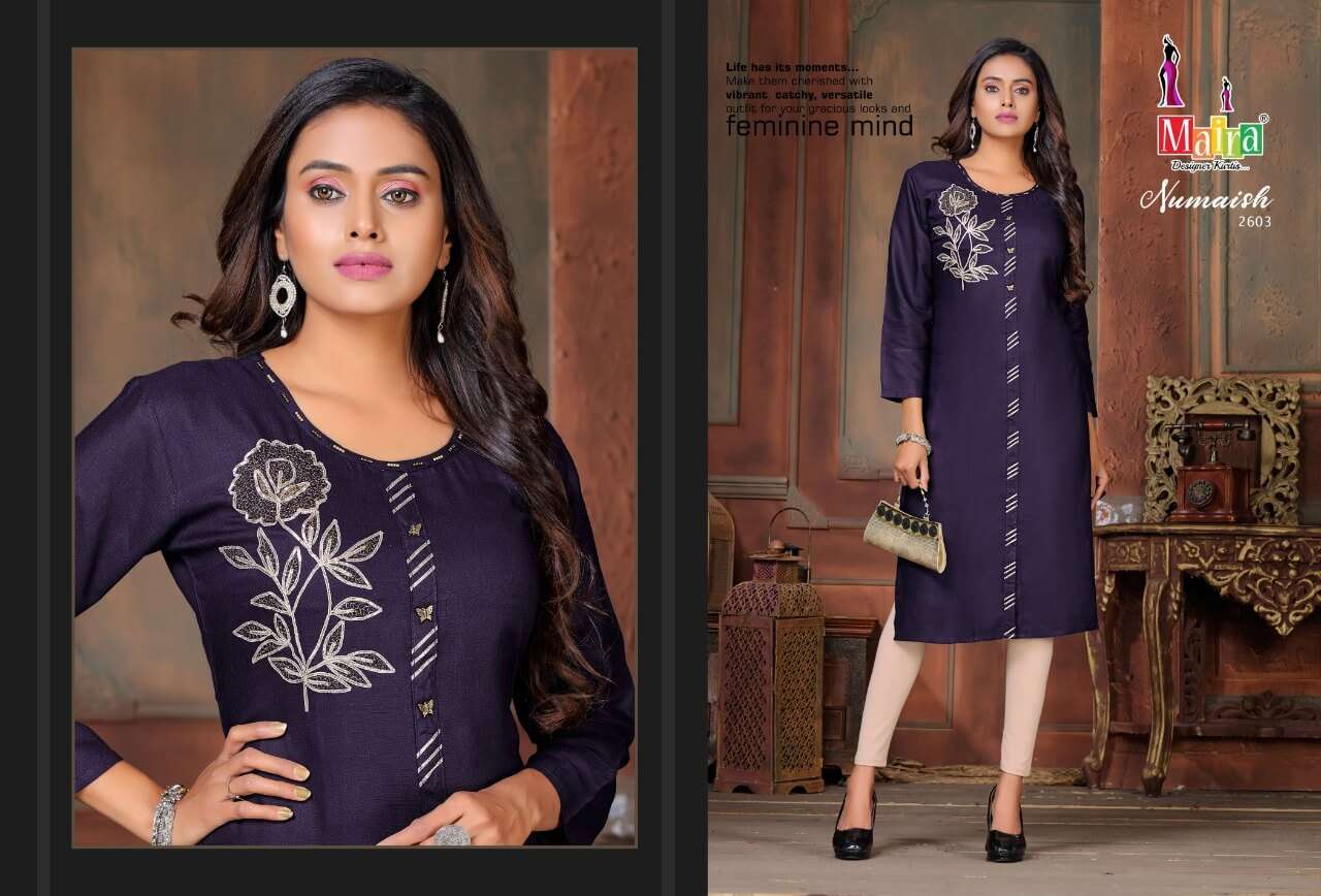NUMAISH VOL-26 BY MAIRA 2601 TO 2608 DESIGNER STYLISH FANCY COLORFUL BEAUTIFUL PARTY WEAR & ETHNIC WEAR COLLECTION RAYON SLUB KURTIS AT WHOLESALE PRICE