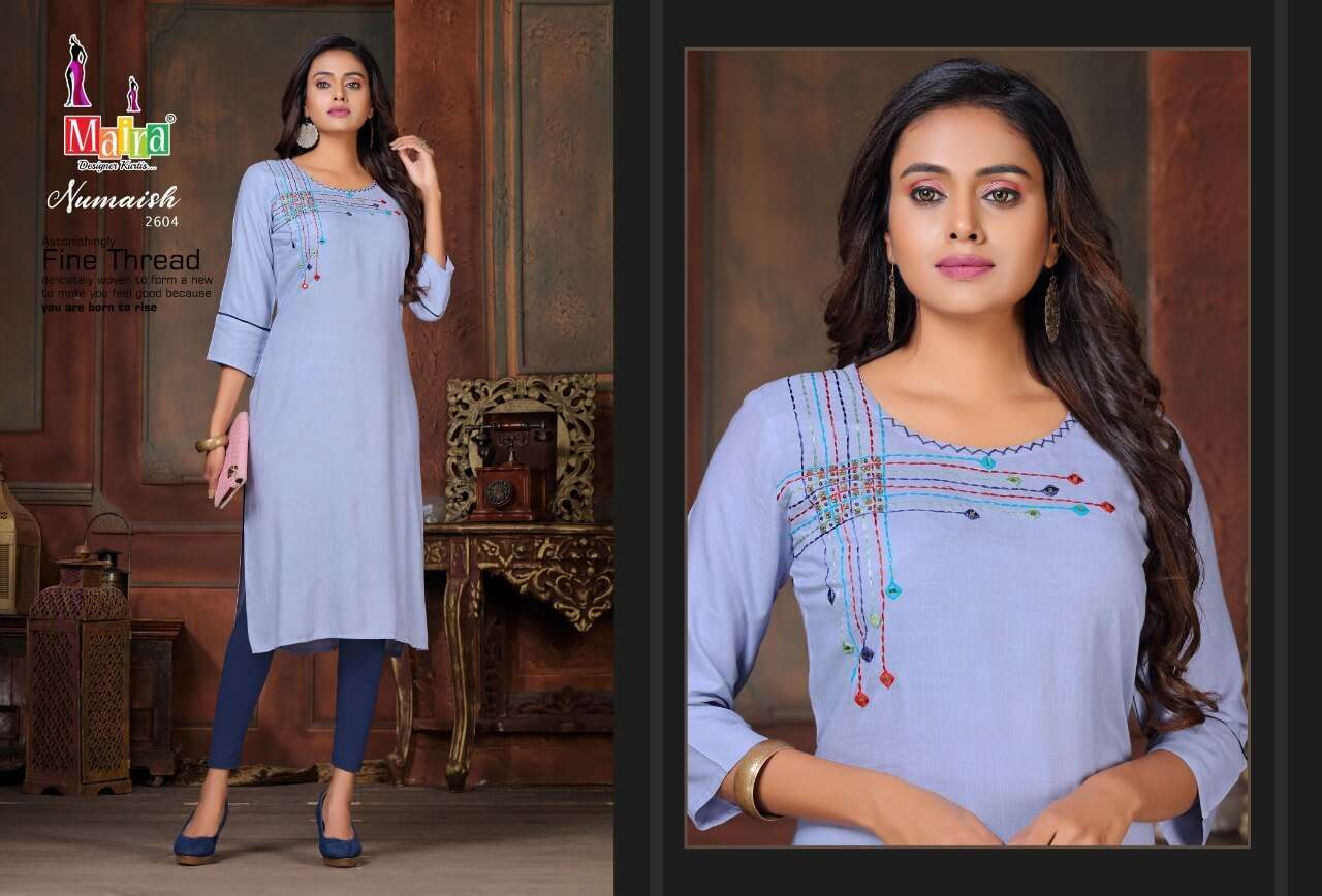NUMAISH VOL-26 BY MAIRA 2601 TO 2608 DESIGNER STYLISH FANCY COLORFUL BEAUTIFUL PARTY WEAR & ETHNIC WEAR COLLECTION RAYON SLUB KURTIS AT WHOLESALE PRICE