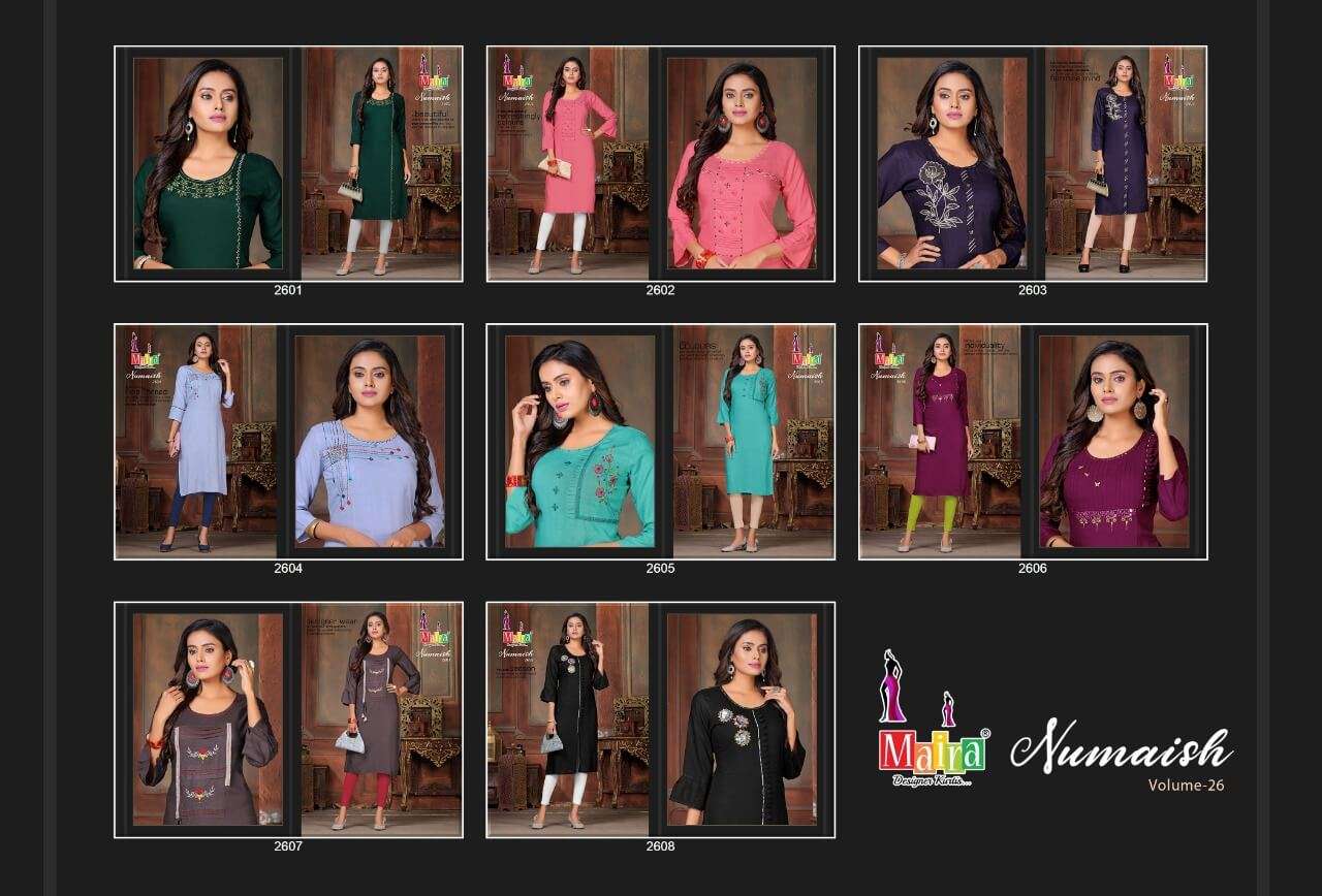 NUMAISH VOL-26 BY MAIRA 2601 TO 2608 DESIGNER STYLISH FANCY COLORFUL BEAUTIFUL PARTY WEAR & ETHNIC WEAR COLLECTION RAYON SLUB KURTIS AT WHOLESALE PRICE