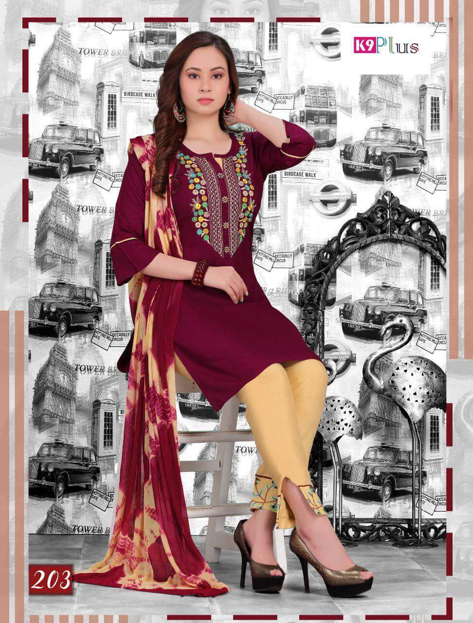 GLAM LOOK BY K9 PLUS 201 TO 208 SERIES BEAUTIFUL STYLISH SHARARA SUITS FANCY COLORFUL CASUAL WEAR & ETHNIC WEAR & READY TO WEAR HEAVY RAYON DRESSES AT WHOLESALE PRICE