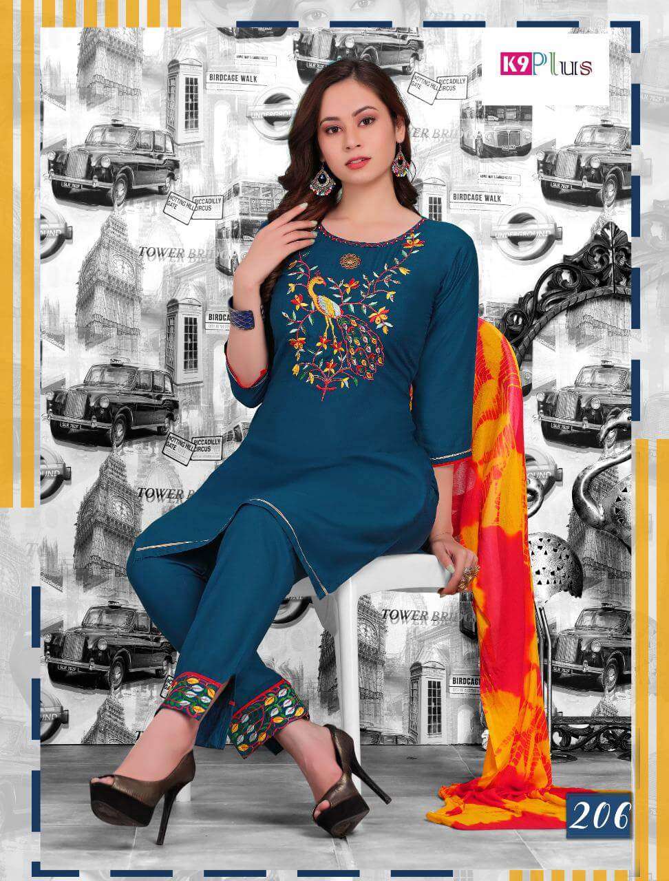 GLAM LOOK BY K9 PLUS 201 TO 208 SERIES BEAUTIFUL STYLISH SHARARA SUITS FANCY COLORFUL CASUAL WEAR & ETHNIC WEAR & READY TO WEAR HEAVY RAYON DRESSES AT WHOLESALE PRICE